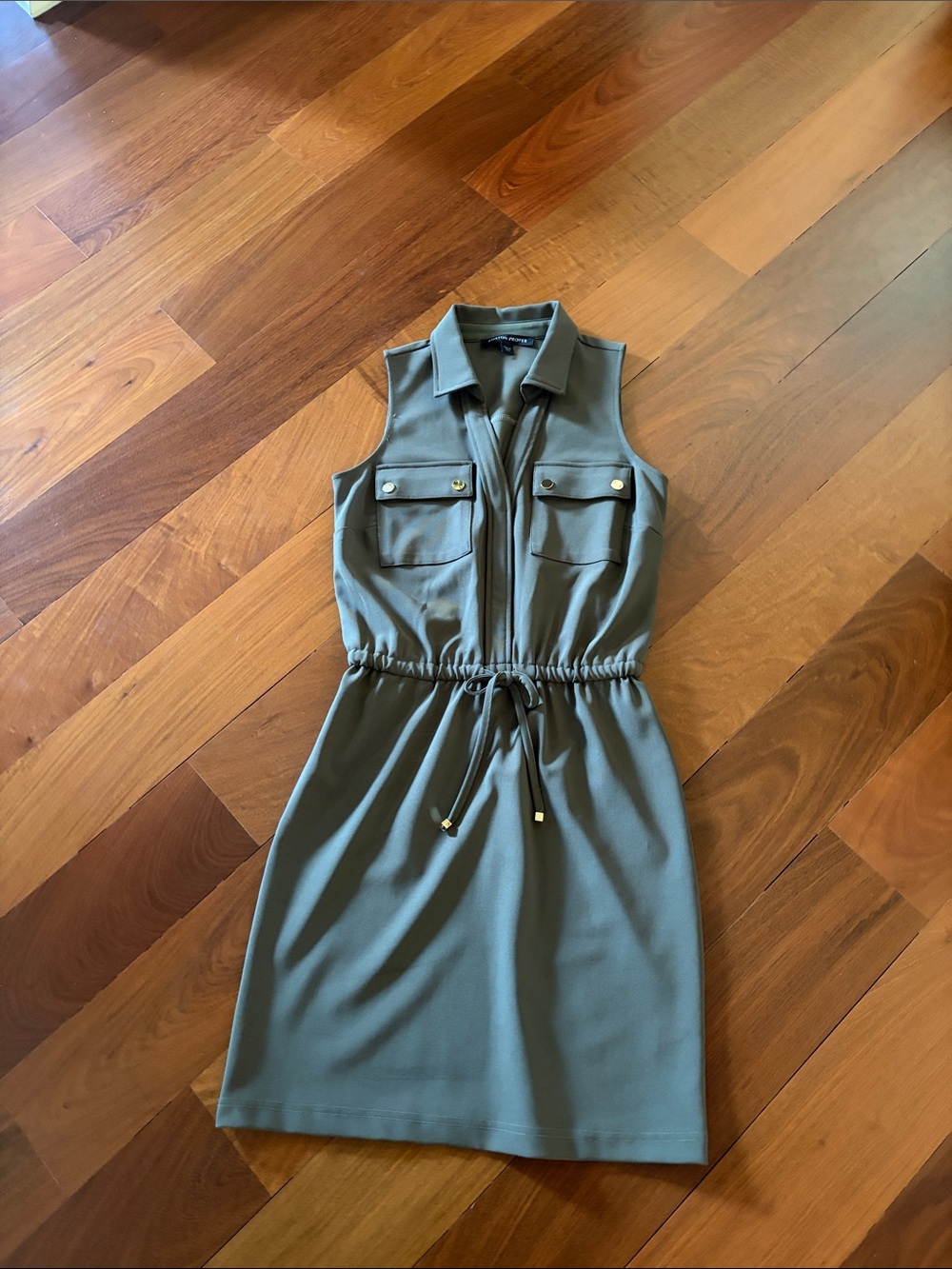 Boston Proper Sleeveless Drawstring Shirt Dress in Olive